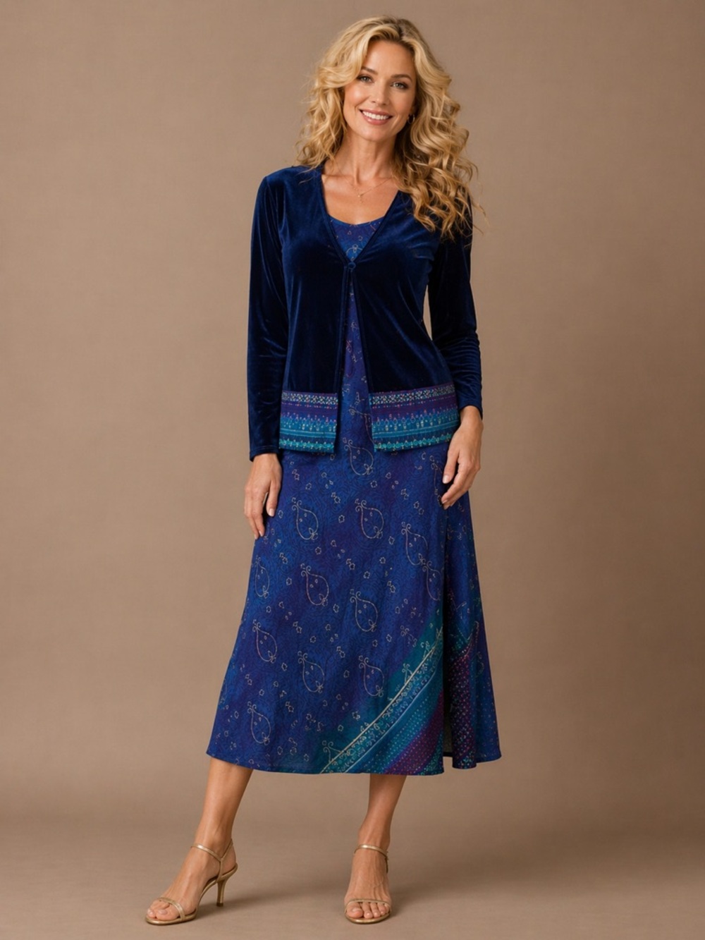 Vintage Carole Little Petite 2PC Blue Velvet Cardigan & Skirt Set Open Front 12P